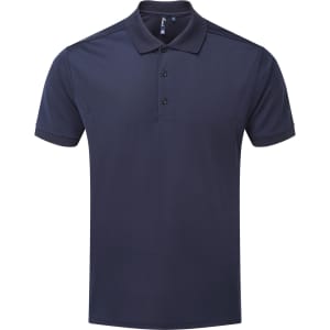 A navy blue polo shirt with a collar, short sleeves, and a button-down front. It features a logo on the chest.