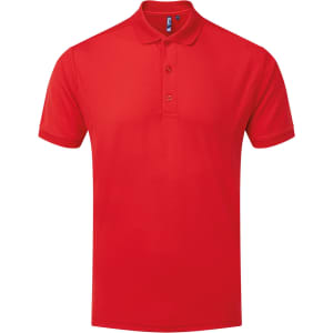 A red polo shirt featuring a collar, short sleeves, and a branding logo on the front.