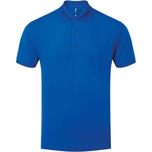 A royal blue polo shirt featuring a collar and three buttons, with a logo on the chest.