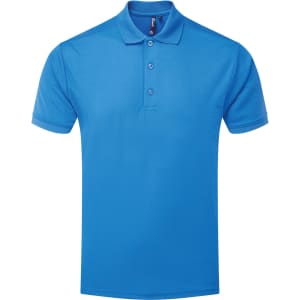 A bright blue polo shirt with a classic collar and three buttons, featuring a small logo.