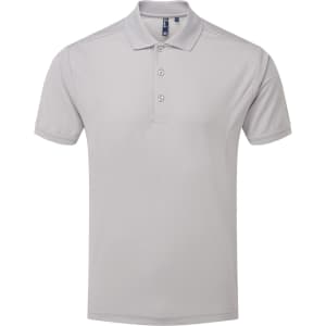 A light grey polo shirt with a collar, three buttons, and a logo on the chest. Simple and stylish workwear.