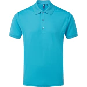 A turquoise polo shirt with a collar, three buttons, and a small logo on the chest. Suitable for workwear.