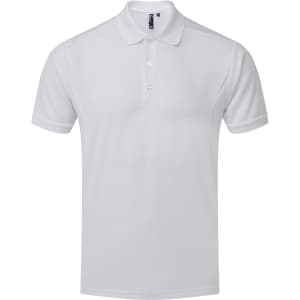 A white short-sleeved polo shirt with a collar and buttons, featuring a logo. Ideal for workwear or casual use.