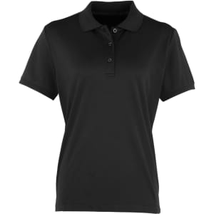 A black women's polo shirt with a collar, short sleeves, and buttons, featuring a logo.