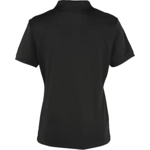 A black women's polo shirt with a classic collar, featuring a simple design and no visible branding.
