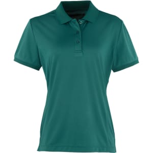 A women's short-sleeve polo shirt in a deep teal colour with a collar and three button placket. It has a logo.