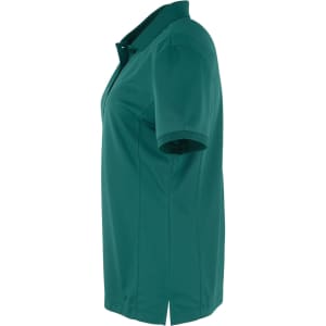 A teal women's polo shirt with short sleeves, featuring a collar and side slits. It has a logo on the front.