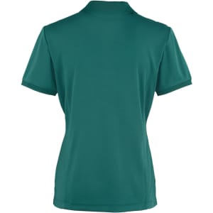 A women's short-sleeve polo shirt in teal, featuring a classic collar and a logo.