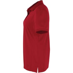 A red women's pique polo shirt with a classic collar and short sleeves, featuring a logo.