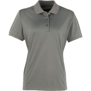 A women's work polo shirt in grey with a classic collar and three-button placket. Features a logo on the front.