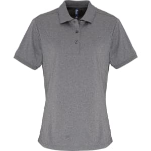 A women's short-sleeve polo shirt in grey with a collar and buttons, featuring a branding logo.