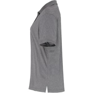 A grey women's polo shirt with short sleeves and a collar, featuring a logo.