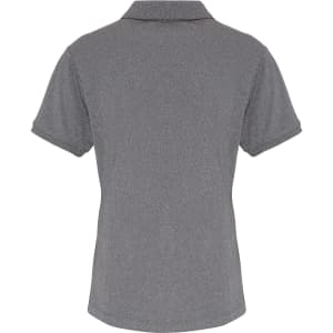 A grey women's polo shirt with a classic collar and short sleeves, featuring a logo.