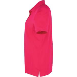 A side view of a women's polo shirt in vibrant pink, featuring a collared neck and short sleeves. It has a logo on it.