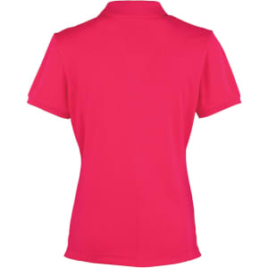 A pink women's polo shirt with a collar and short sleeves, featuring a logo on the back.