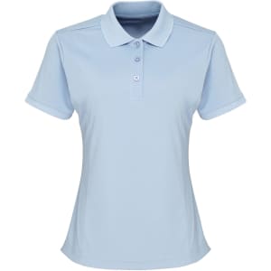 A light blue women's polo shirt with a classic collar and short sleeves, featuring a logo on the chest.
