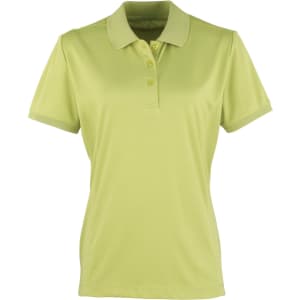 A light green women's polo shirt with a classic collar and three buttons, featuring a logo.
