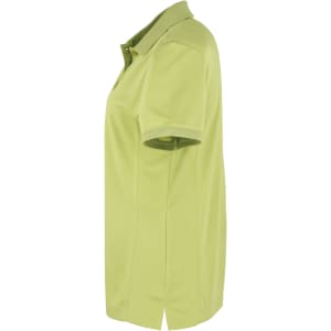 A light green women's polo shirt with a collar and short sleeves, featuring a logo.