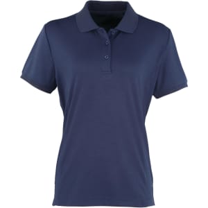 A navy blue women's polo shirt with a collar, featuring a three-button placket and a logo.