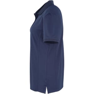A navy blue women's polo shirt with a collared neckline and short sleeves, featuring a logo.