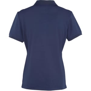 A navy women's polo shirt with a classic collar and short sleeves, featuring a logo on the back.