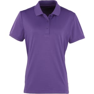 A purple women's polo shirt with short sleeves and a collar, featuring a buttoned placket and a logo.