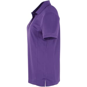 A women's purple pique polo shirt with short sleeves and a collar, featuring a logo on the front.
