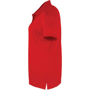A red women's polo shirt with short sleeves, featuring a collar and a side slit, includes a logo.