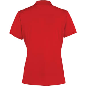 A red women's polo shirt with a classic pique design and a logo on the front.