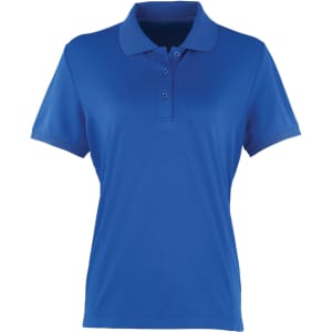 A women's polo shirt in bright blue, featuring a collared neckline and three buttons, with a logo on the chest.
