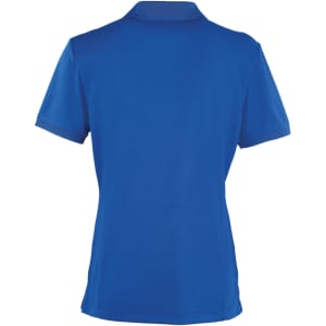 A blue women's polo shirt with a collar and short sleeves, featuring a logo on the back.