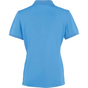 A women's short-sleeved polo shirt in light blue, featuring a collar and a small branding logo.