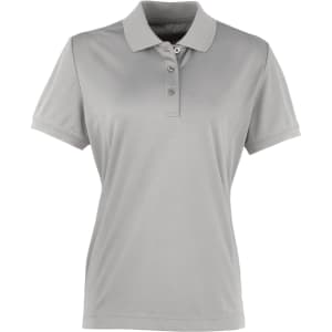 A light grey women's polo shirt with a collar and three buttons, featuring a logo on the chest.