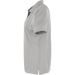 A women's grey polo shirt in a pique fabric, featuring a collar and short sleeves. It has a logo on the chest.
