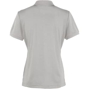 A grey women's polo shirt with a standard collar and short sleeves, featuring a logo on the back.