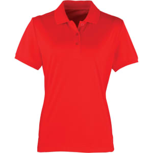 A red women's polo shirt with a classic collar and buttons, featuring a logo on the chest area.