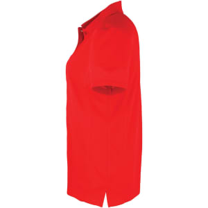 A red women's polo shirt featuring a collar and short sleeves, designed for workwear. It has a logo on the chest.