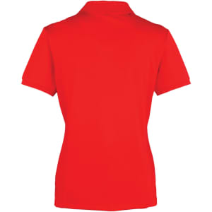 A red women's polo shirt with a classic collared design and short sleeves, featuring a logo.