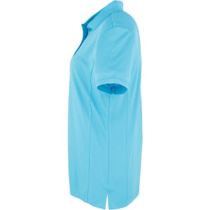 A light blue women's polo shirt with a collared neckline and short sleeves, featuring a logo.