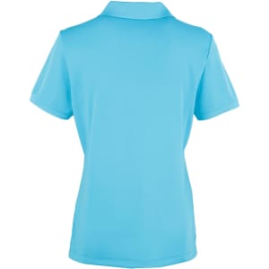 A women's short-sleeve polo shirt in light blue, featuring a collar and a logo on the back.
