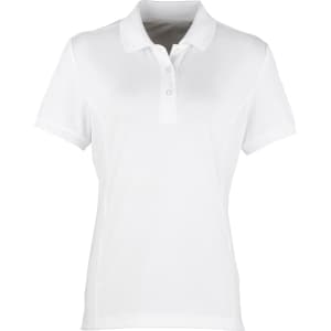 A white women's polo shirt with a classic collar and short sleeves, featuring a button placket and a logo.