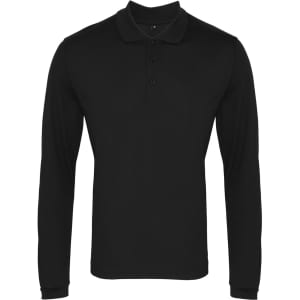 A black long-sleeved polo shirt with a classic collar and buttons, featuring a logo.
