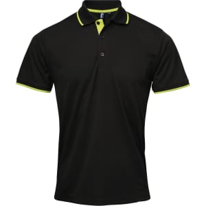 A black polo shirt with lime green accents and a logo on the collar.
