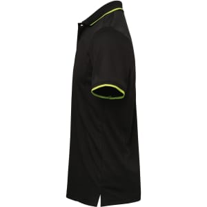 A black polo shirt with short sleeves and contrasting green trim, featuring a logo.
