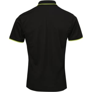 A black polo shirt featuring contrasting green trim and a logo on the back. Suitable for casual or sporty wear.