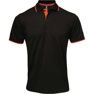 A black polo shirt featuring orange accents on the collar and sleeves, with a logo on the chest.