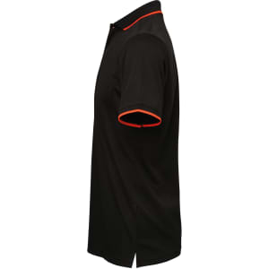 A black polo shirt with contrasting orange detailing on the collar and sleeves. It features a logo on the chest.