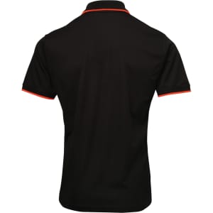 A black polo shirt featuring contrasting red piping and a collar, with a logo on the chest.