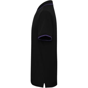 A black polo shirt with purple trim, featuring a logo on the side.