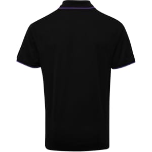 A black polo shirt with contrasting purple trim, featuring a collar and short sleeves. It has a logo on the front.